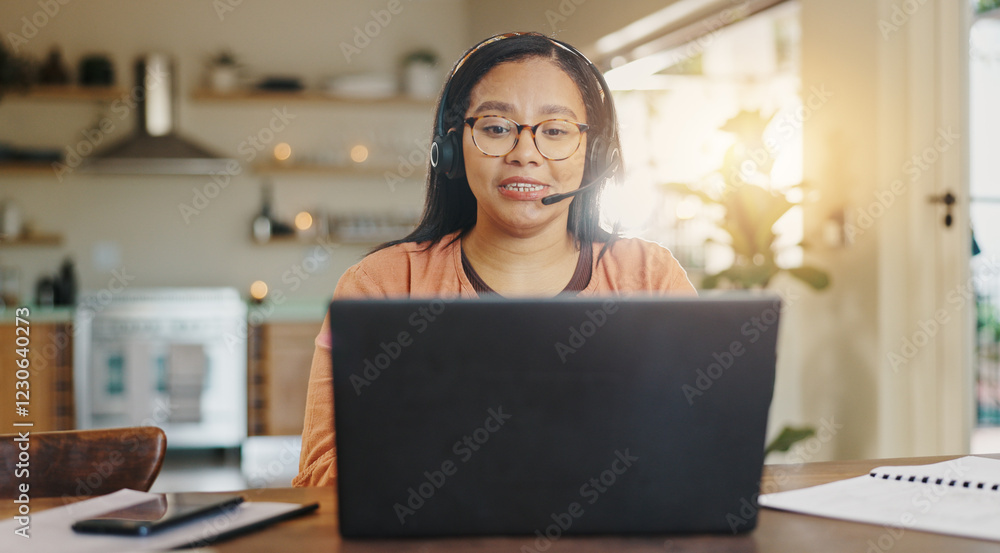 Poster headset, remote work and woman speaking to client for contact us, tech support or customer service h