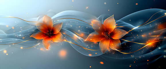 Glowing Orange Lilies and Blue Waves Abstract Background