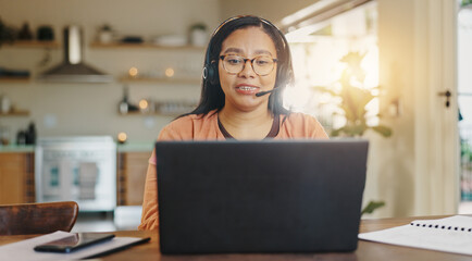 Headset, remote work and woman speaking to client for contact us, tech support or customer service help. Agent, talking and virtual assistant for hotline advice, server or faq for call center