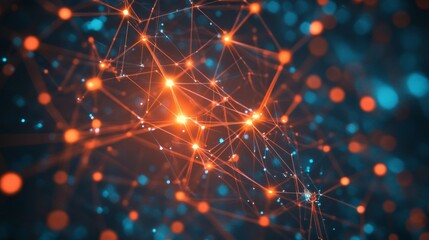 Abstract Network Connections Orange and Blue Glowing Nodes Dark Background