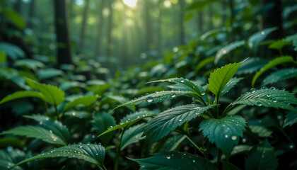 Dew Drops on Green Leaves in Lush Forest