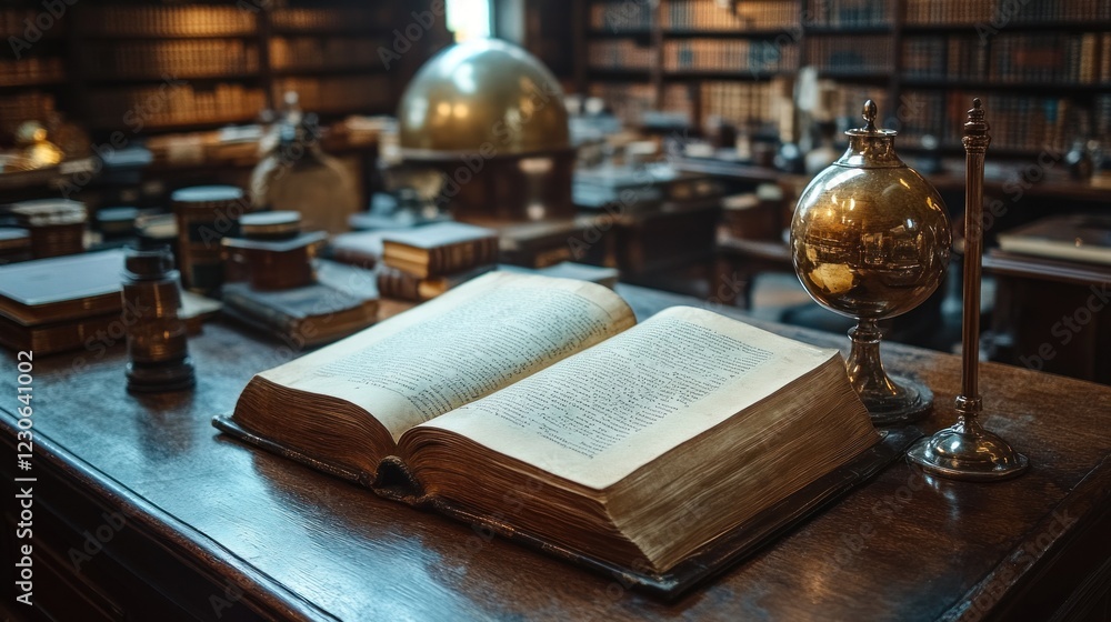 Poster Ancient Book Rests on a Desk in a Library Setting