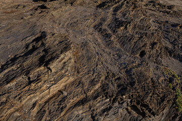 A detailed close-up of a volcanic rock formation, showcasing its rugged texture and unique patterns.
