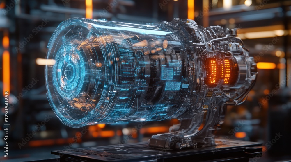 Poster Futuristic Engine Displaying Advanced Technological Data