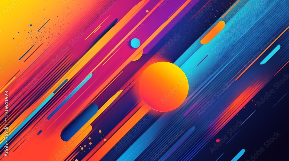 Poster a colorful background with a yellow circle in the middle. the circle is surrounded by a blue and ora
