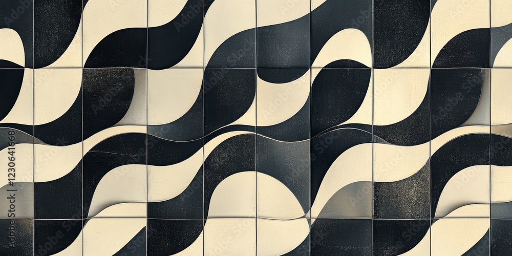 Poster black and white tile pattern with a wave design. the tiles are arranged in a way that creates a sens