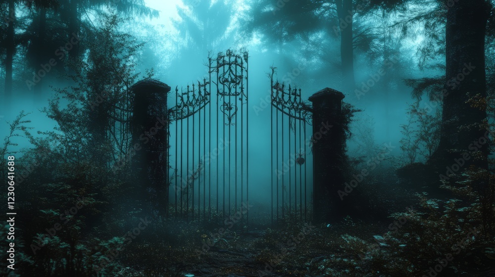 Poster a gate is open in a forest. the gate is made of iron and has a lock. the gate is surrounded by trees
