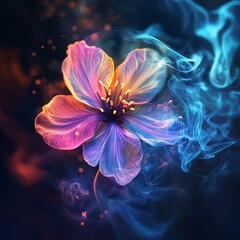 A colorful flower with a blue background. The flower is surrounded by smoke, giving it a dreamy and ethereal feel