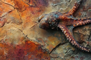 Naklejka premium An octopus tentacle rests on a textured, earthy-toned rock surface, creating a striking contrast.