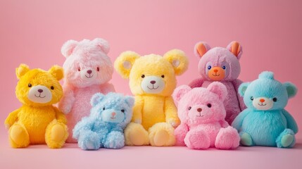 A row of teddy bears of different colors. The bears are arranged in a line, with the pink one on the far right