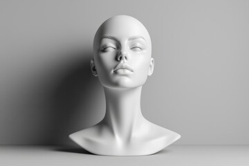 A sleek white mannequin head against a neutral backdrop emphasizes elegance.
