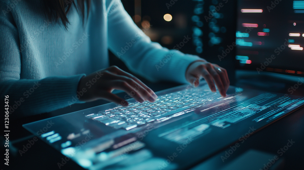 Aufkleber a futuristic workstation with a holographic keyboard and glowing projections of data, hands typing r