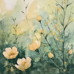 Watercolor Floral Painting: Delicate Yellow Flowers in Green Garden