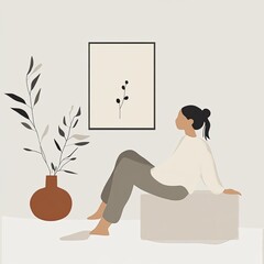 A woman sits on a bench in a room with a vase and a picture on the wall