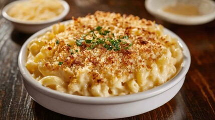 A plate of creamy mac and cheese with a crispy breadcrumb topping and a sprinkle of fresh herbs, served in a white ceramic dish, Mac and cheese centered