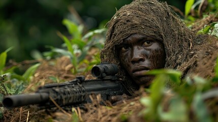 Obraz premium Camouflaged Soldier Concealed In Jungle Foliage