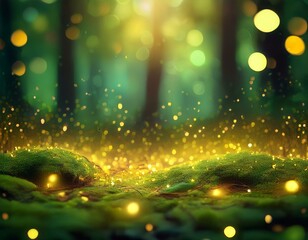 magical glowing golden particles hovering above a textured green forest floor with a blurred background