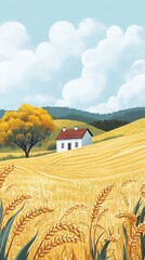 A picturesque rural scene featuring a quaint white cottage surrounded by golden wheat fields, a solitary tree, and rolling green hills under a blue sky.