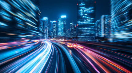 Obraz premium A glowing futuristic city at night, with flying cars leaving light trails between towering neon skyscrapers.
