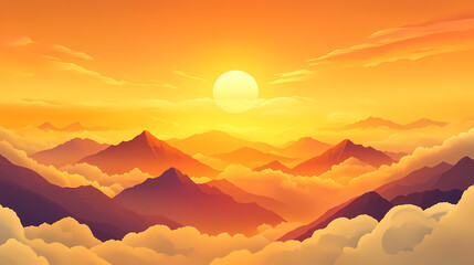 An orange-yellow sunset cloud forms over distant mountains and clouds , glinting orange-yellow light against white. Amber Valley. Illustration