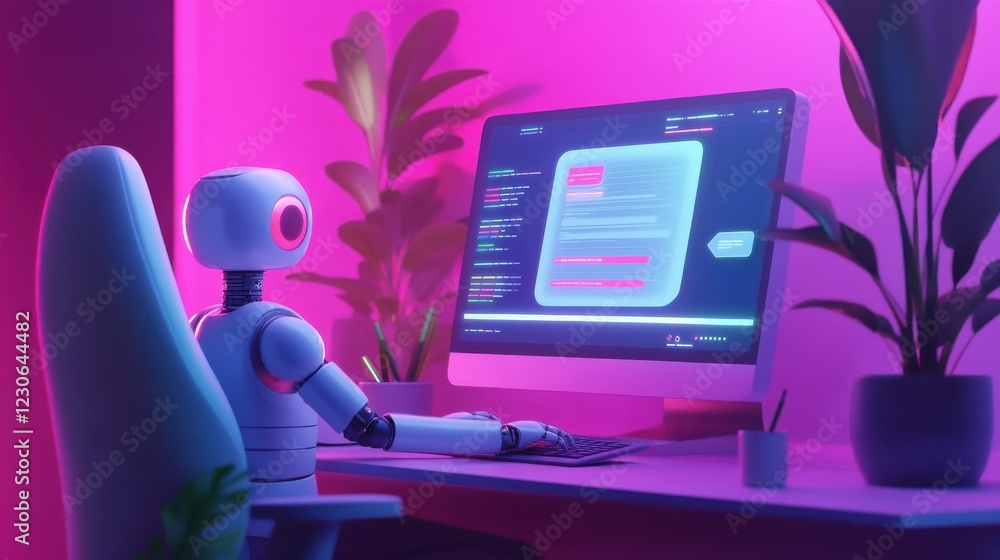 Poster virtual chatbot interaction, user on computer