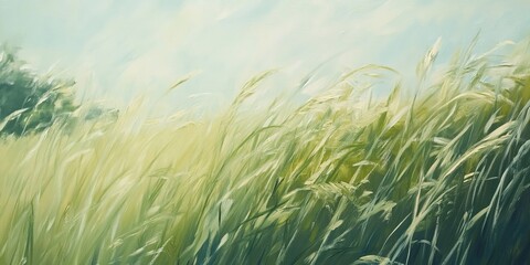Serene landscape of a green field with tall grass gently swaying under a bright blue sky.