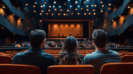 A group of friends is seated in a theater, watching a live performance. They are all having fun and thoroughly enjoying themselves.