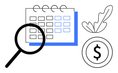 Magnifying glass focusing on a calendar, highlighting schedule importance. Adjacent money symbol with plant growth element. Ideal for financial planning, investment, savings, budgeting, time