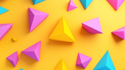 Colorful triangular shapes scattered on yellow background.