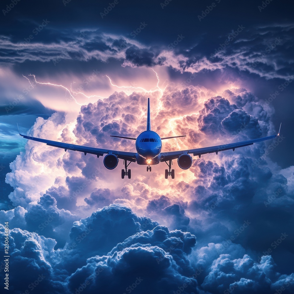 Poster Airplane navigates through turbulent stormy clouds with lightning flashes in the background. Generative AI