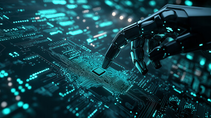 A robotic arm precisely placing microchips onto a circuit board, with glowing control panels in the background.