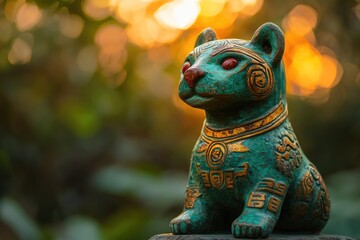 A teal and gold decorative statue of a stylized feline, possibly a guardian deity, sits outdoors in soft sunlight.