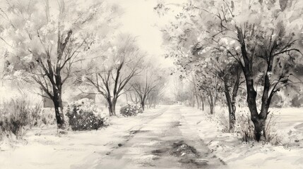Obraz premium Snowy residential street, trees, winter landscape, calm scene, peaceful atmosphere