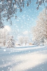 Obraz premium Peaceful winter scene featuring snow-laden trees and cabins, with gentle snowfall under a bright blue sky.