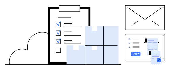 Clipboards with checkmarks, stacked boxes, email envelope, and digital payment screen. Ideal for e-commerce, logistics, digital transactions, delivery services, online payments order tracking