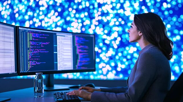 A professional analyzing data on a computer spreadsheet in an office setting.