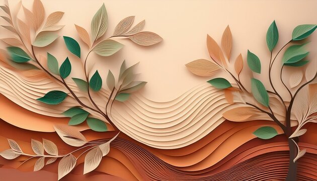 layered abstract paper style background with beige and terracotta tones decorated with green leaves and delicate branches