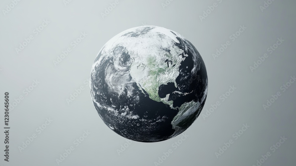 Poster a computer generated image of a planet with a white and green surface. the planet is surrounded by a