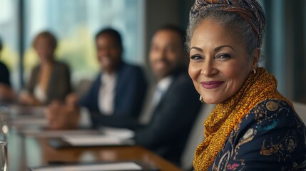 Senior older female executive ceo and happy multicultural business people discuss corporate project at boardroom table. Smiling diverse corporate team working together in modern meeting room office.