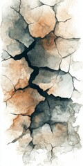 Fototapeta premium A painting of a cracked rock with a blue and orange background. The cracks in the rock are deep and jagged, giving the impression of a broken and damaged object