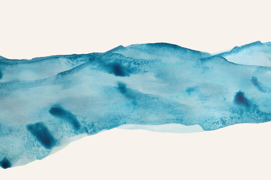 Ink watercolor hand drawn pour flow stain blot. Wave landscape on wet paper texture background.