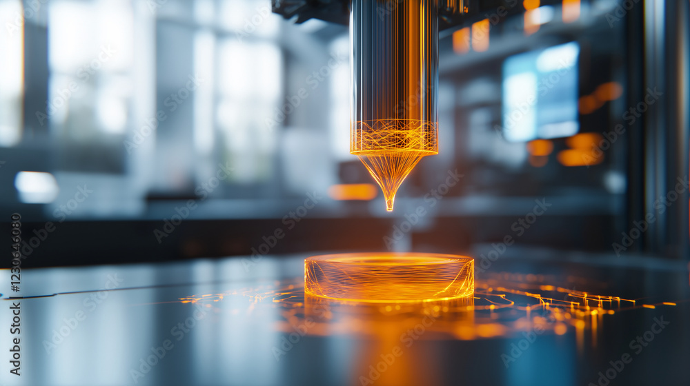 Poster a translucent, glowing filament being extruded by a 3d printer, creating an intricate design in a cl