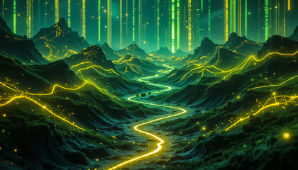 Obraz premium Futuristic Landscape with Glowing Network Lines