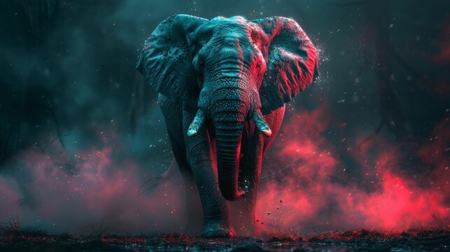 A large elephant is walking through a red and blue background