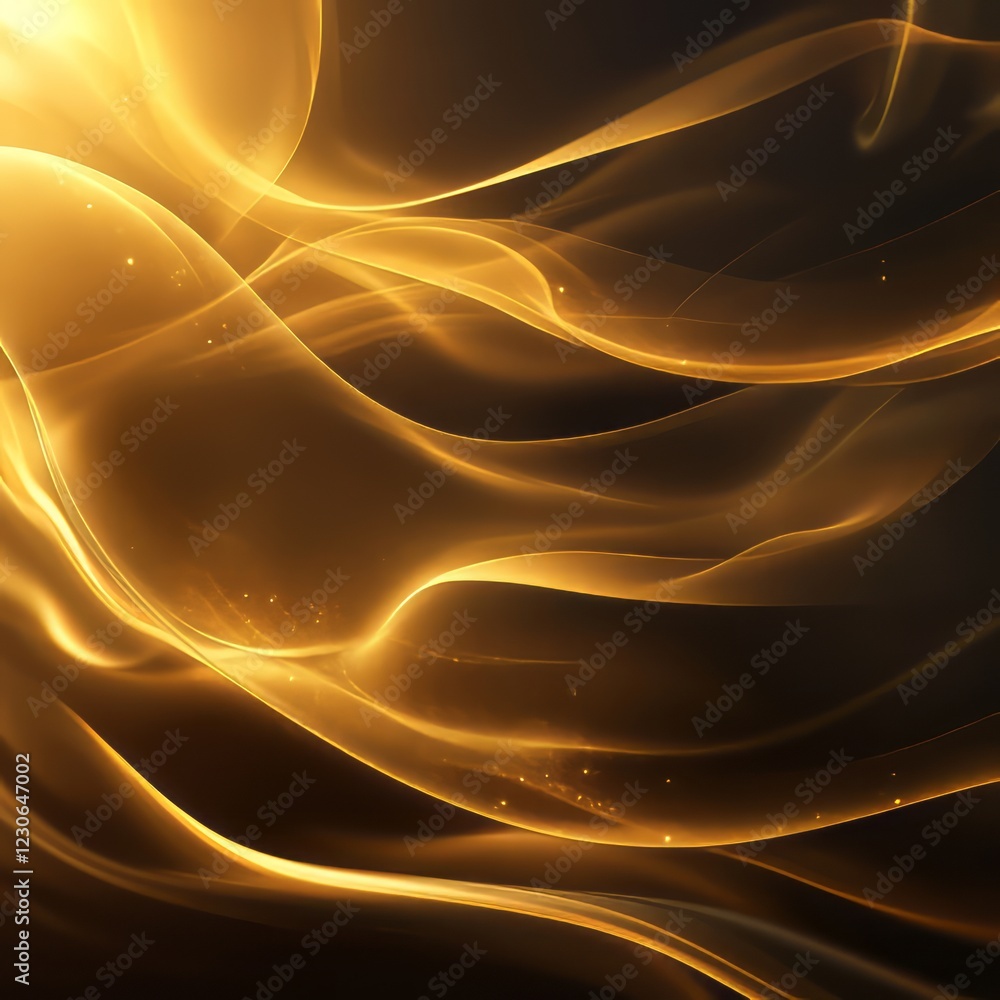Poster abstract image of golden light waves flowing gracefully on a dark background, creating a sense of mo