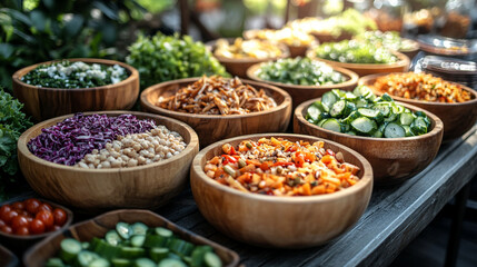 Fototapeta premium Buffet setup with diverse dishes symbolizing abundance and variety in food hospitality minimalistic bright light tone modern blurred empty blank caption space on the side