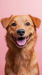 Cheerful Golden Dog Portrait on Pink Background with Happy Expression