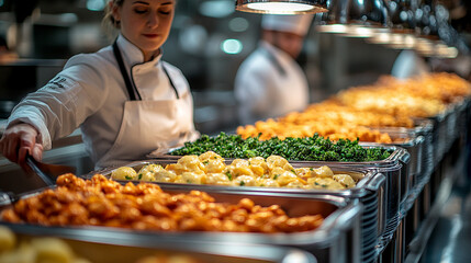 Buffet setup with diverse dishes symbolizing abundance and variety in food hospitality minimalistic bright light tone modern blurred empty blank caption space on the side