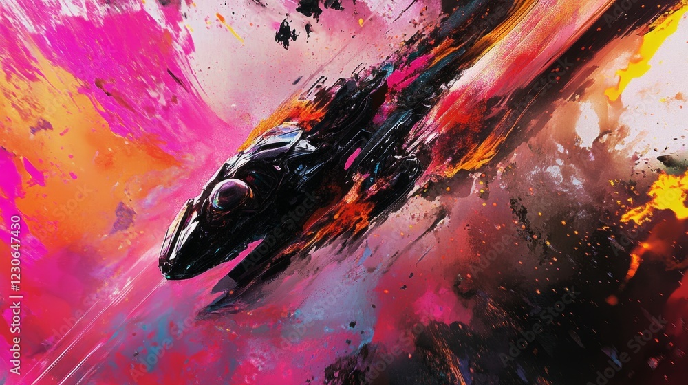 Poster a spaceship is flying through space. the spaceship is surrounded by a colorful explosion. the explos