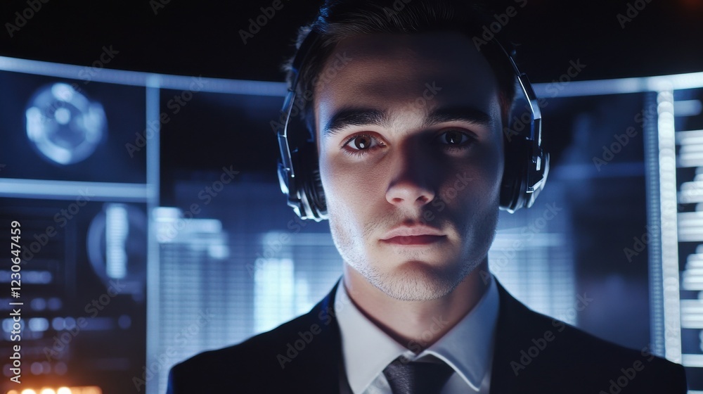 Poster professional man with headset in a data analysis setting.